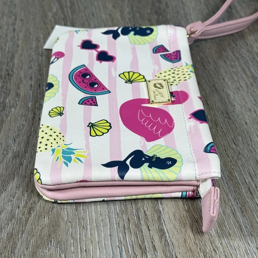 Betsey Johnson Flamingo Wristlet Pink White Tropical Wallet Double Pouch LB61006